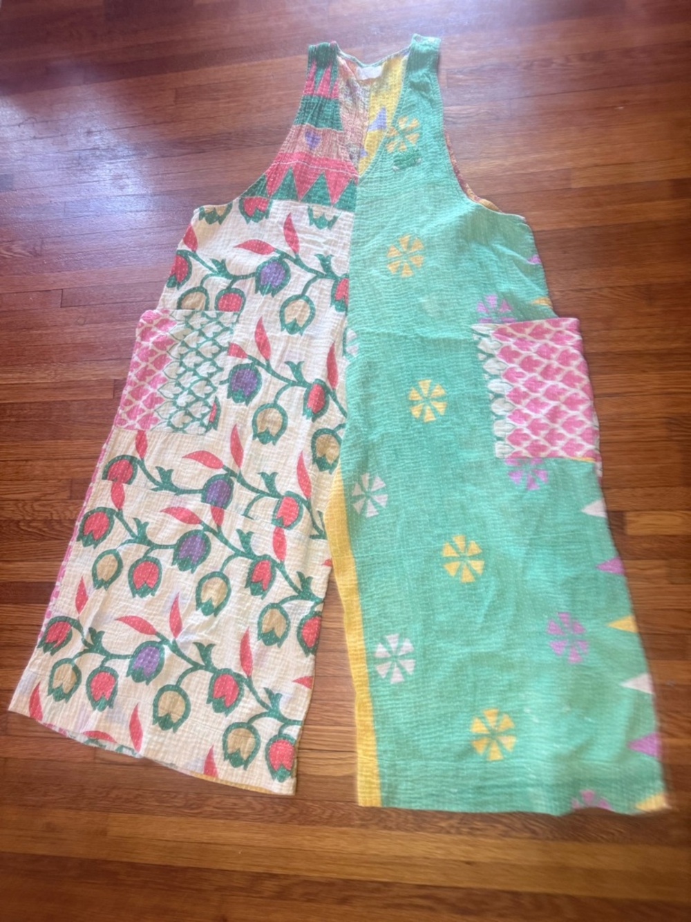 Kantha Bae Colorful Patchwork Kantha Sleeveless Jumpsuit- Floral & Mint